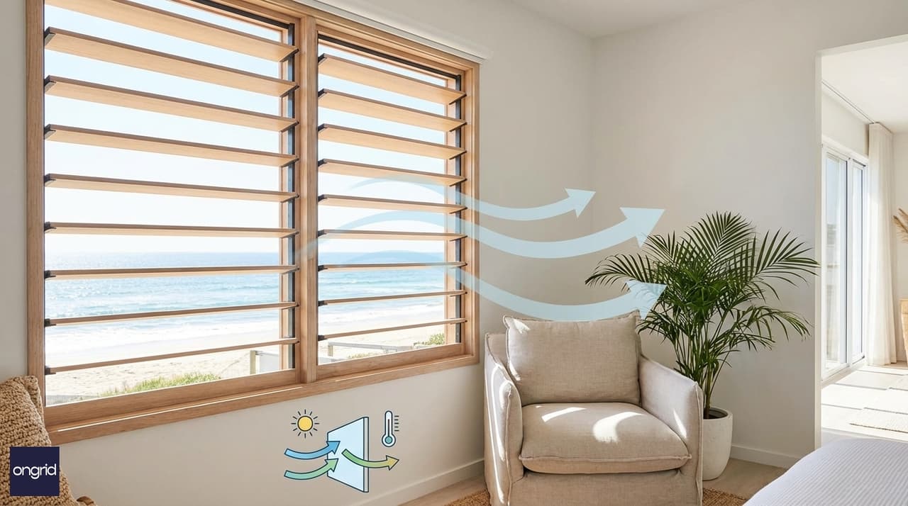 Illustration for 5. Louvered Windows for Natural Cooling