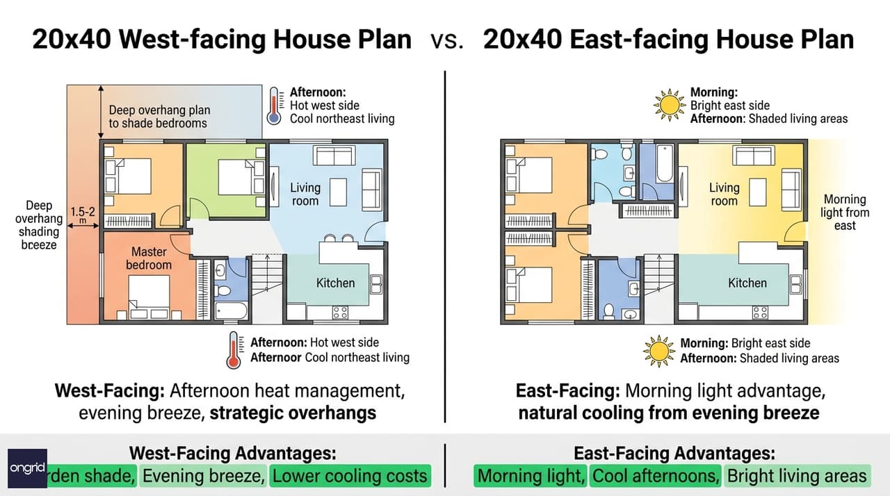 Comparison infographic: 20x40 west-facing vs east-facing floor plans side by side