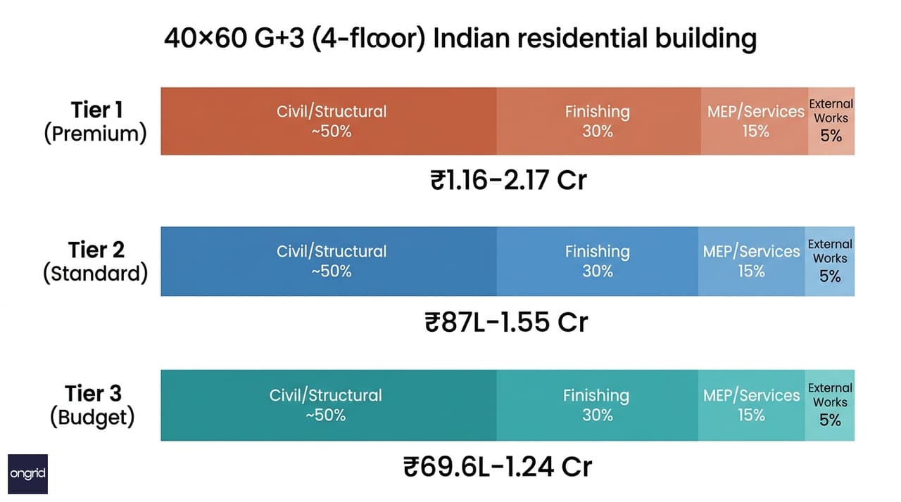 Cost breakdown chart for the 40x60 north facing 4-floor house — stacked bar showing civil, MEP, finishing, and architecture costs across Tier 1, Tier 2, and Tier 3 quality levels