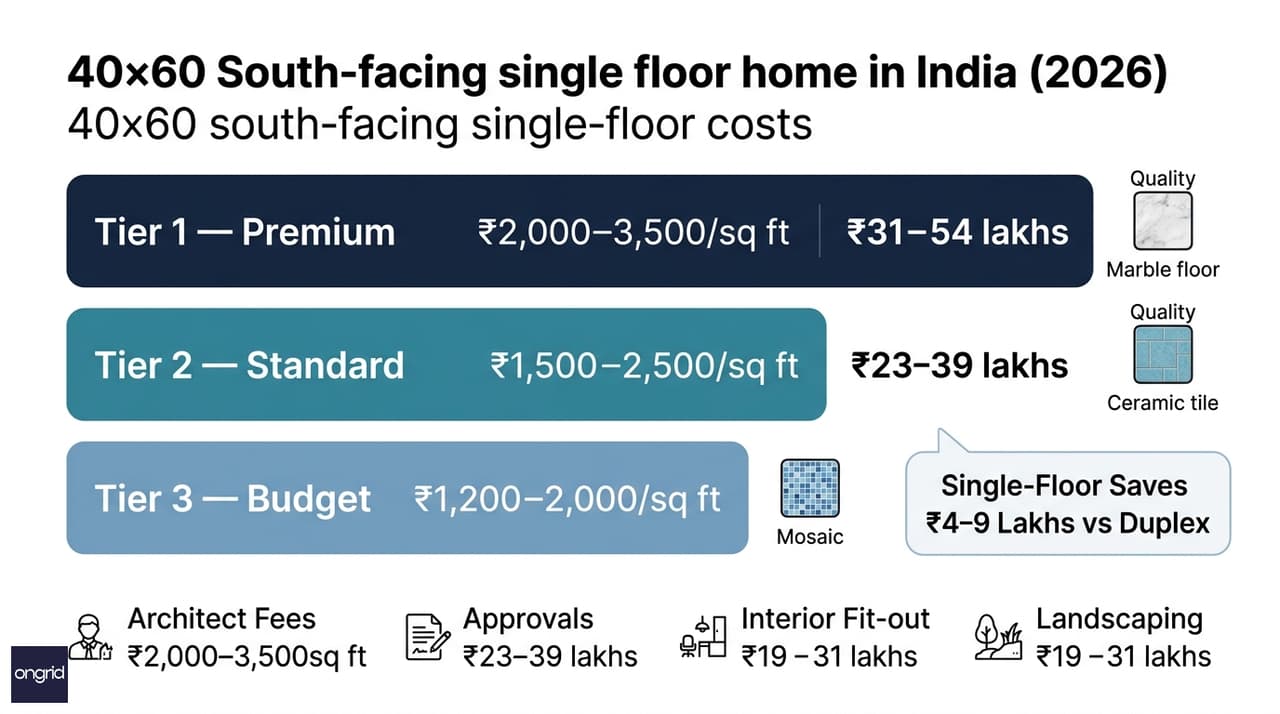 Construction cost breakdown infographic for 40x60 south facing single-floor home showing three tiers from premium to budget with total cost ranges in rupees