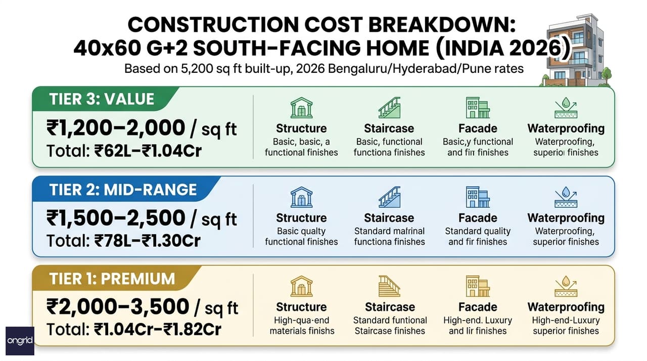 Construction cost breakdown chart for a 40x60 G+2 south facing home showing three quality tiers