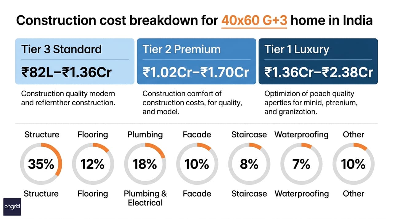 Cost breakdown infographic for 40x60 4-floor south facing home across Tier 1, 2, and 3 construction quality