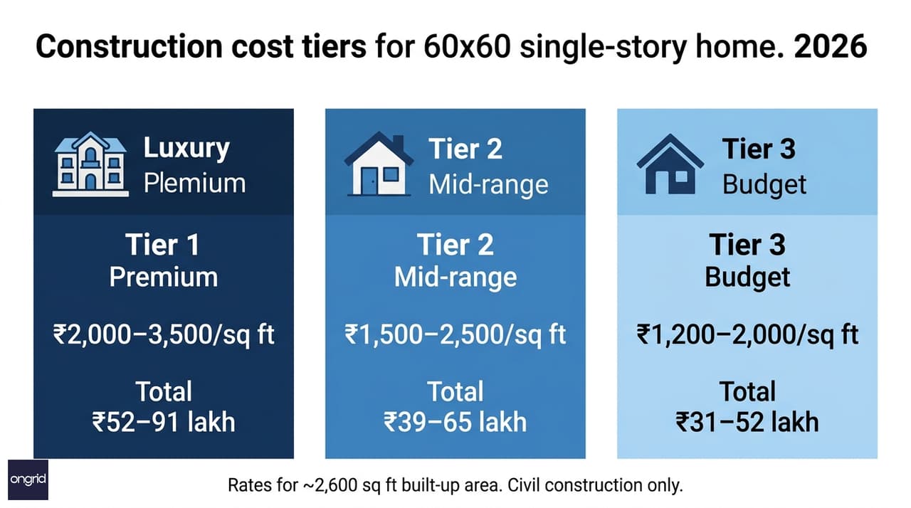 Cost breakdown chart showing three construction tiers for a 60x60 1-floor north-facing home