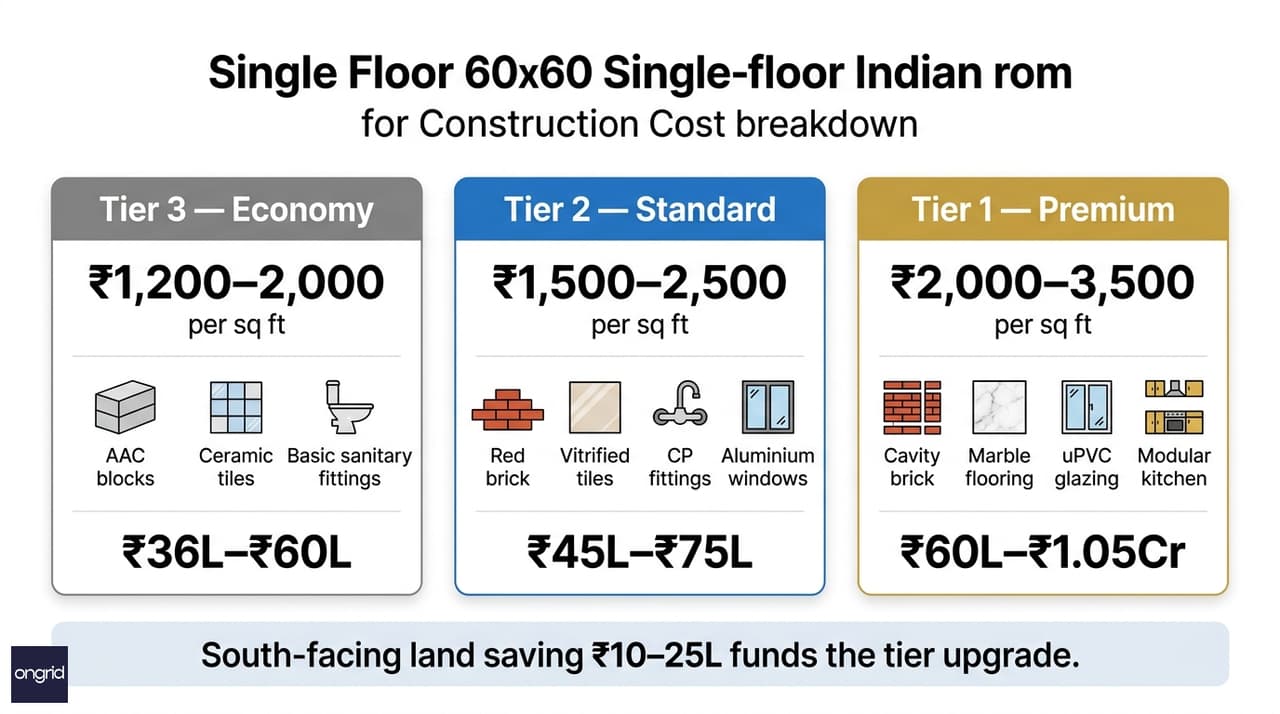 Three-tier construction cost breakdown infographic for 60x60 south-facing single-floor bungalow across economy, standard, and premium specifications — structure, finishes, electrical, plumbing