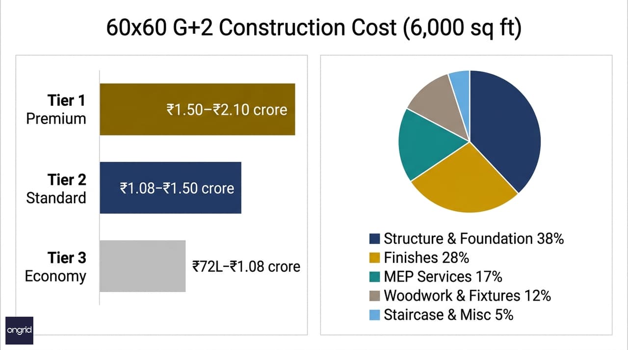 Cost breakdown infographic showing Tier 1, 2, and 3 construction estimates for a 60x60 G+2 house and pie chart of cost components