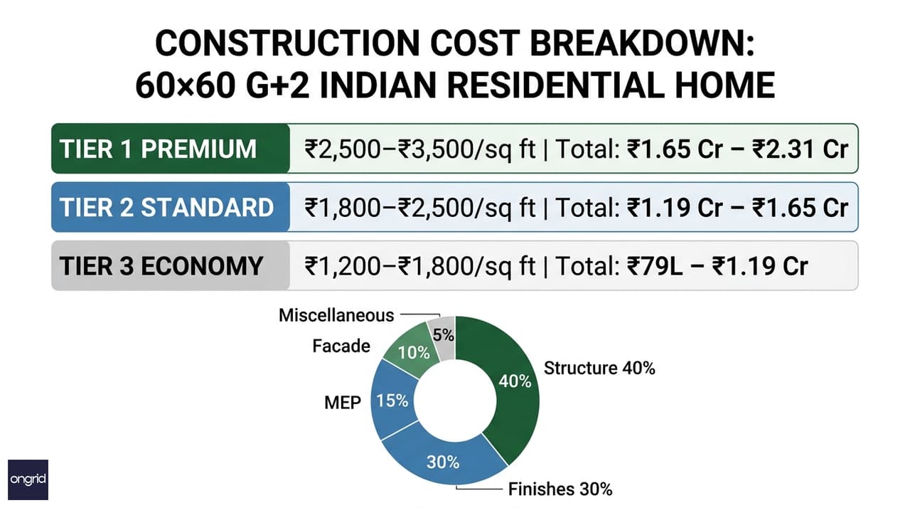 Construction cost breakdown chart for 60x60 G+2 — structure, finishes, MEP, and design fees across three tiers