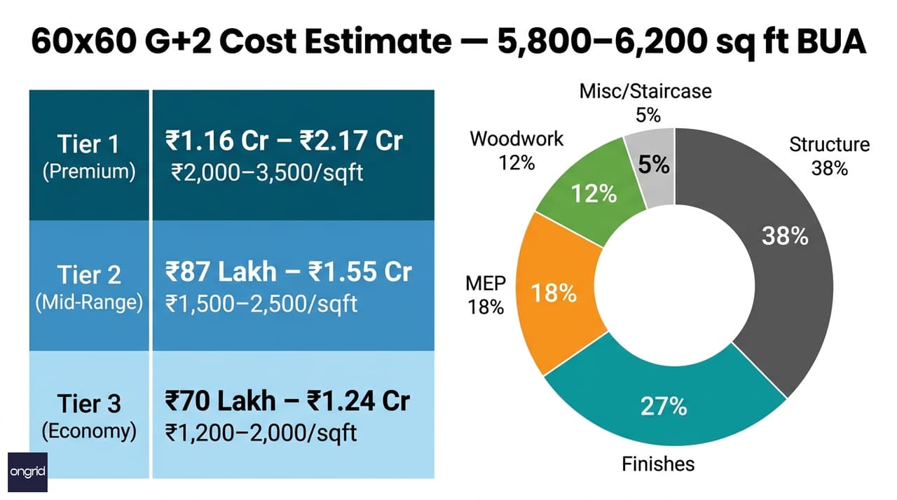 Cost breakdown infographic for a 60x60 south facing G+2 house showing tier-wise estimates and component-wise percentage allocation