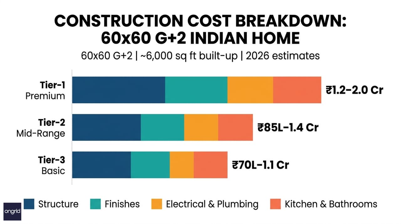 Construction cost breakdown chart for a 60x60 3-floor west facing home