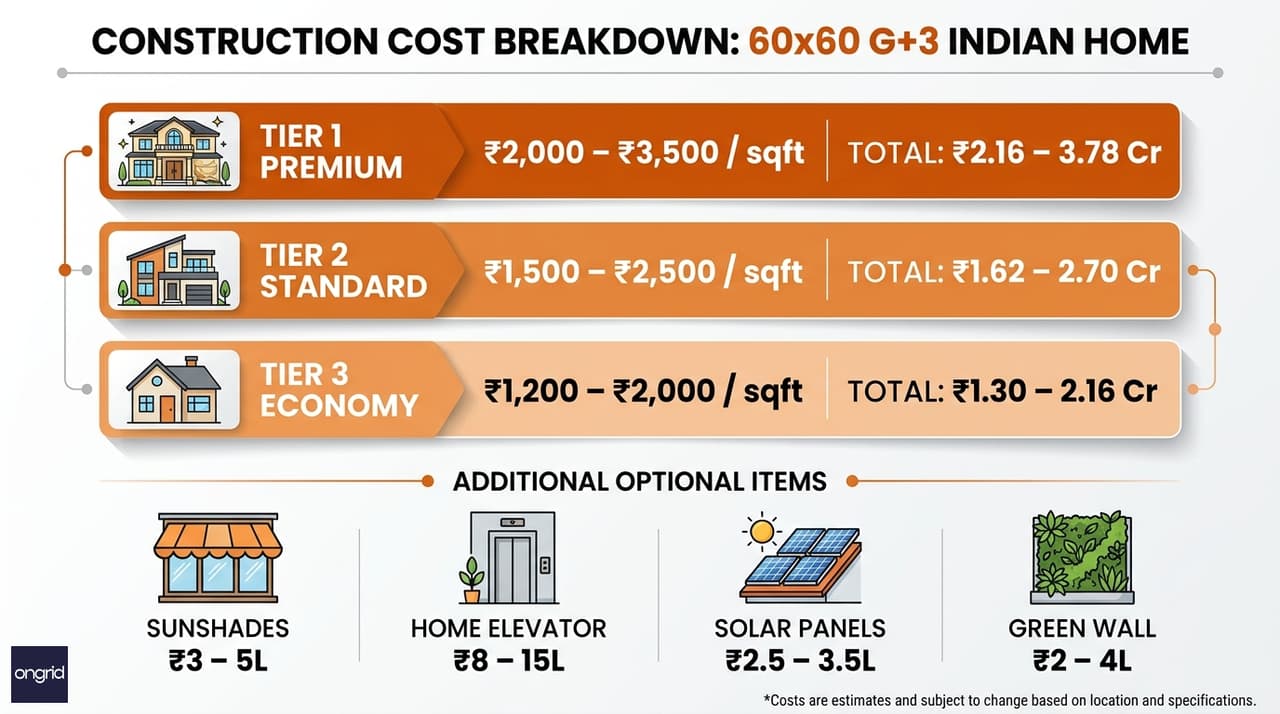Construction cost breakdown chart for a 60x60 G+3 home