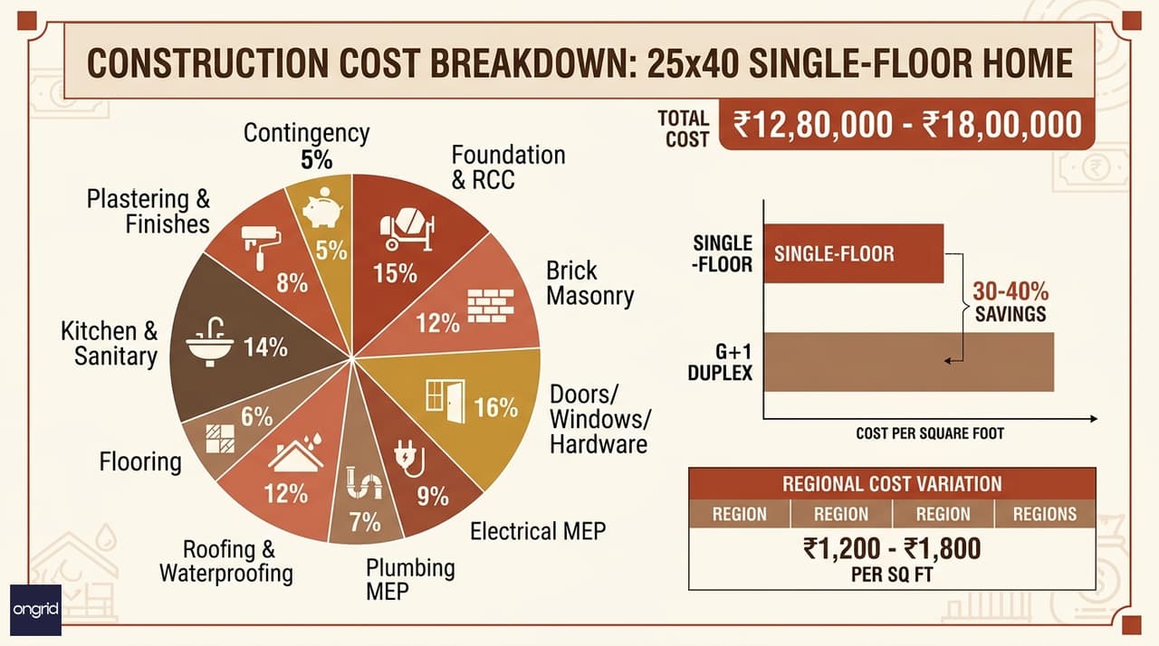 Cost breakdown pie chart showing percentage allocation across major construction categories