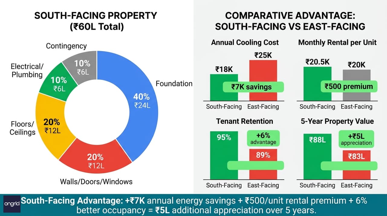 Cost breakdown for 4-floor south-facing design vs. alternative east-facing property