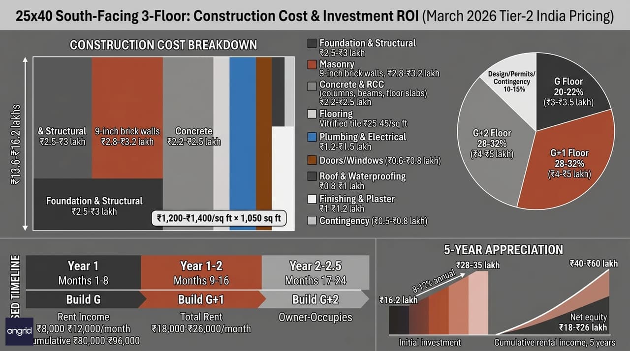 Cost breakdown chart comparing single-floor, 2-floor duplex, and 3-floor vertical layouts