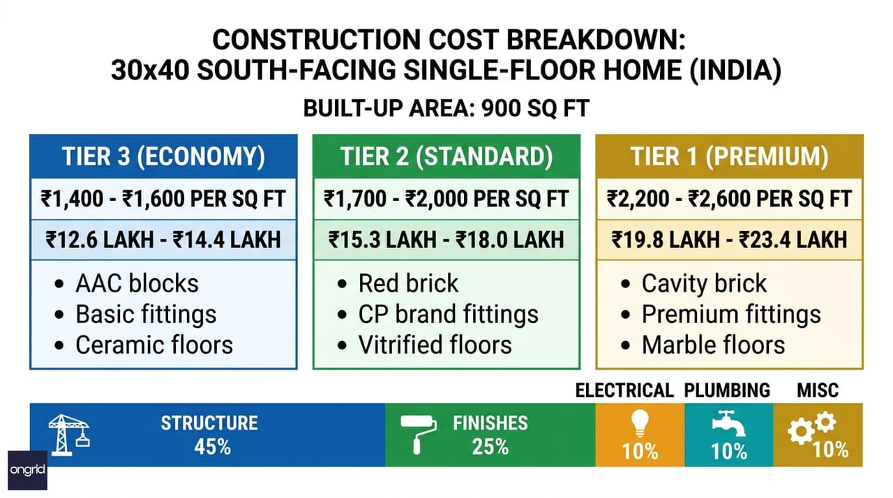 Cost breakdown infographic for 30x40 south-facing single-floor home across three specification tiers — structure, finishes, electrical, plumbing