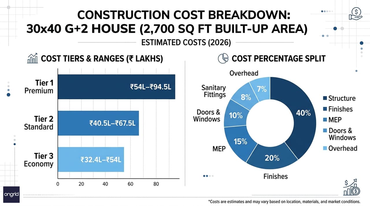 Construction cost breakdown chart for 30x40 three-floor south facing house showing structure, finishes, MEP, fittings and overhead across Tier 1, 2 and 3