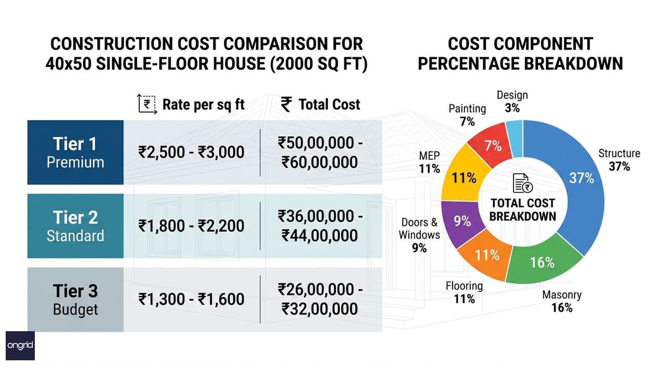 Construction cost breakdown infographic — structure, finishes, and electromechanical costs for a 40x50 single-floor home