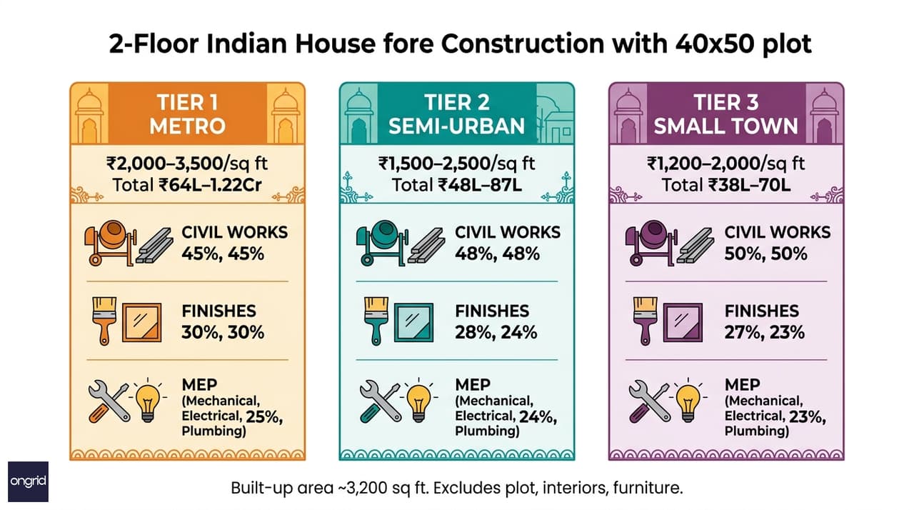 Cost breakdown graphic for 40x50 G+1 construction across three city tiers