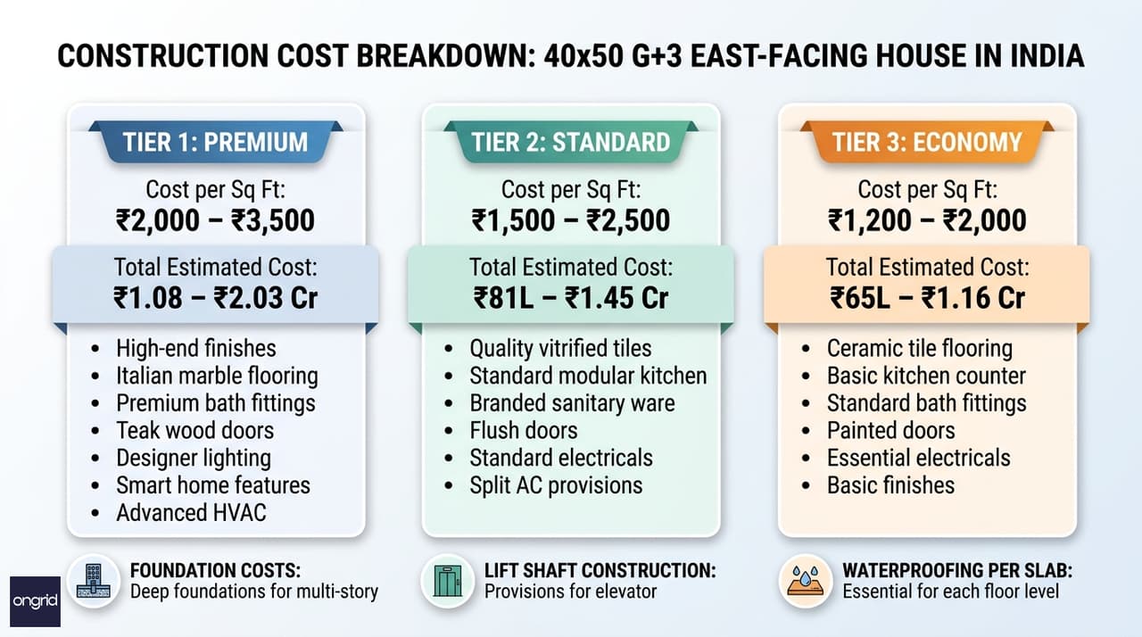 Cost breakdown infographic for 40x50 east facing G+3 home showing three quality tiers with per-sqft rates and total estimates