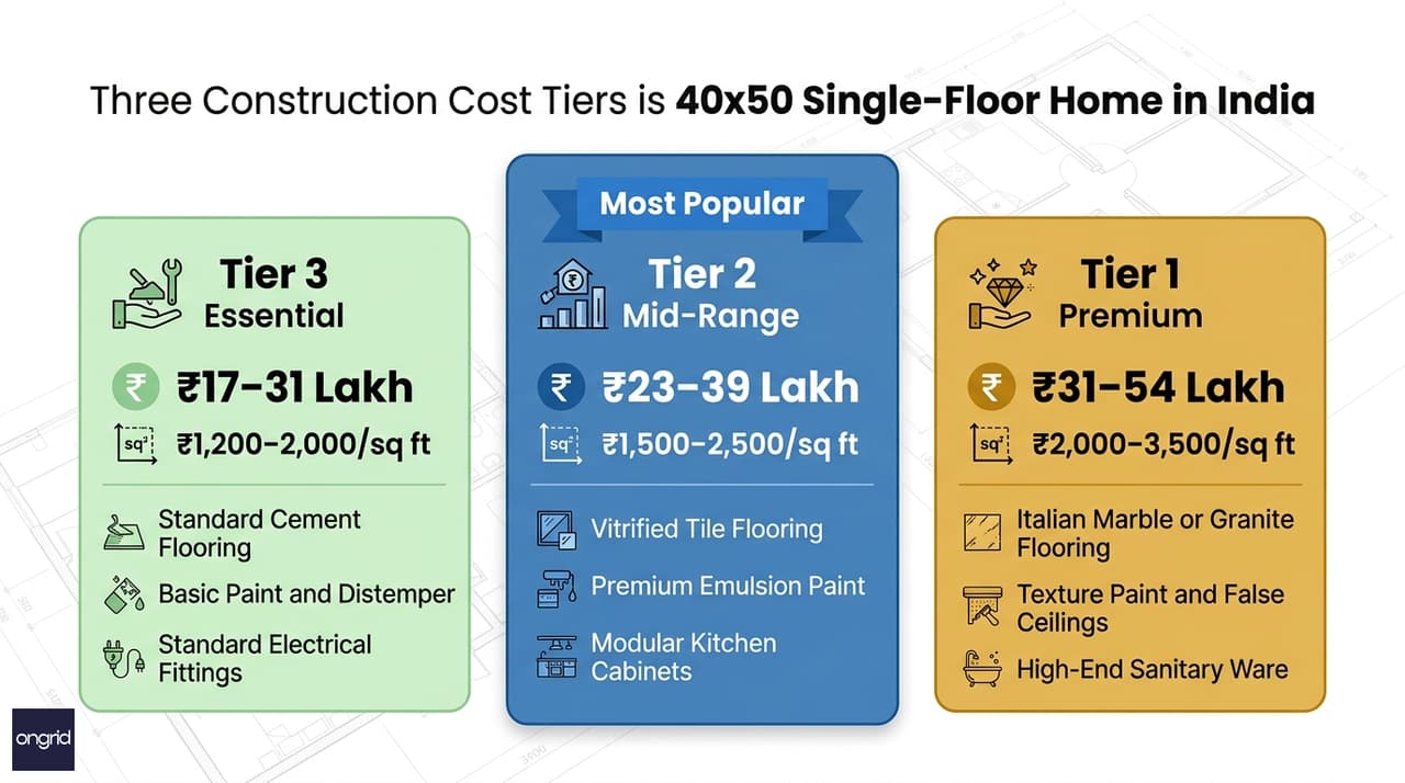 Construction cost infographic for a 40x50 single floor home in India showing three tiers with Indian Rupee totals and per-sqft rates