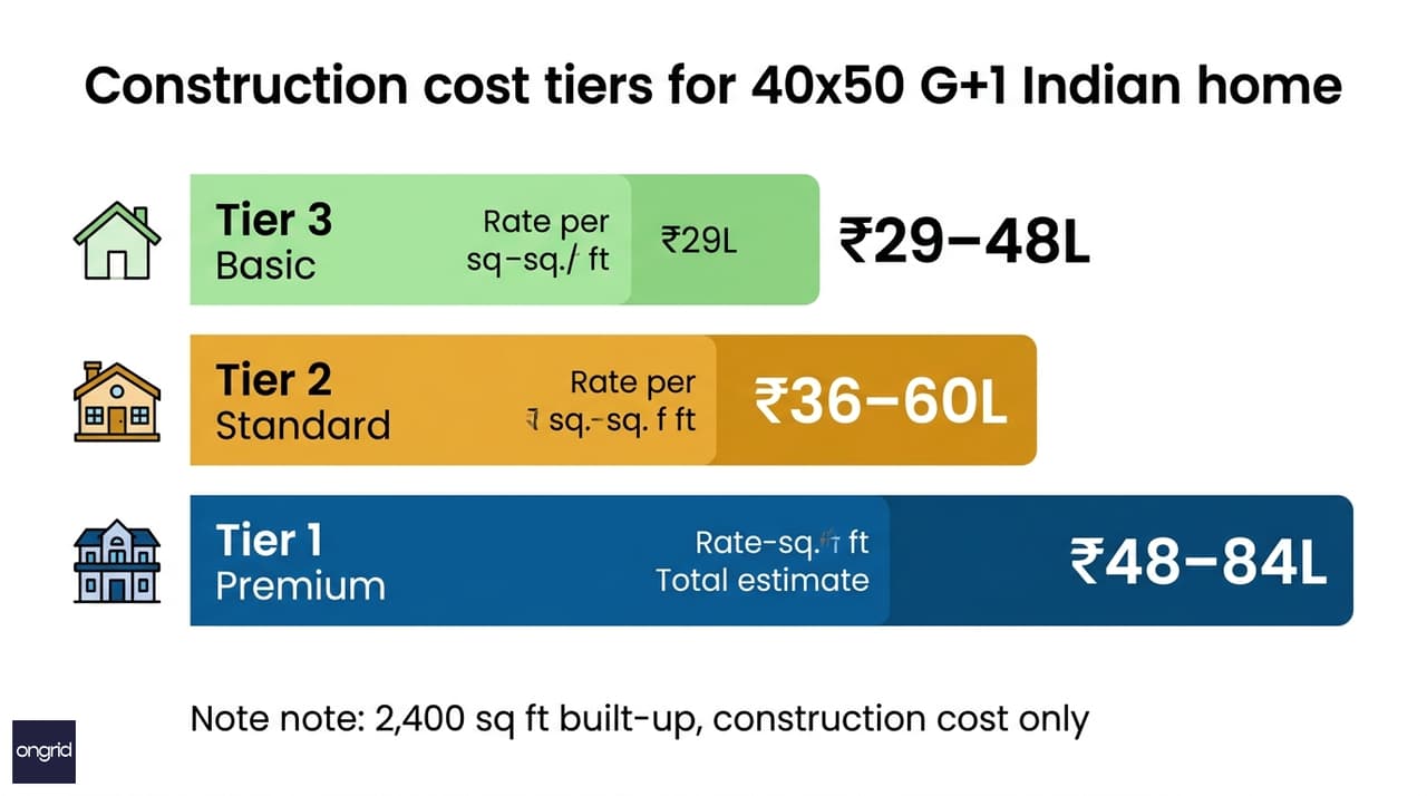 Construction cost breakdown chart for 40x50 G+1 north facing home across three build tiers
