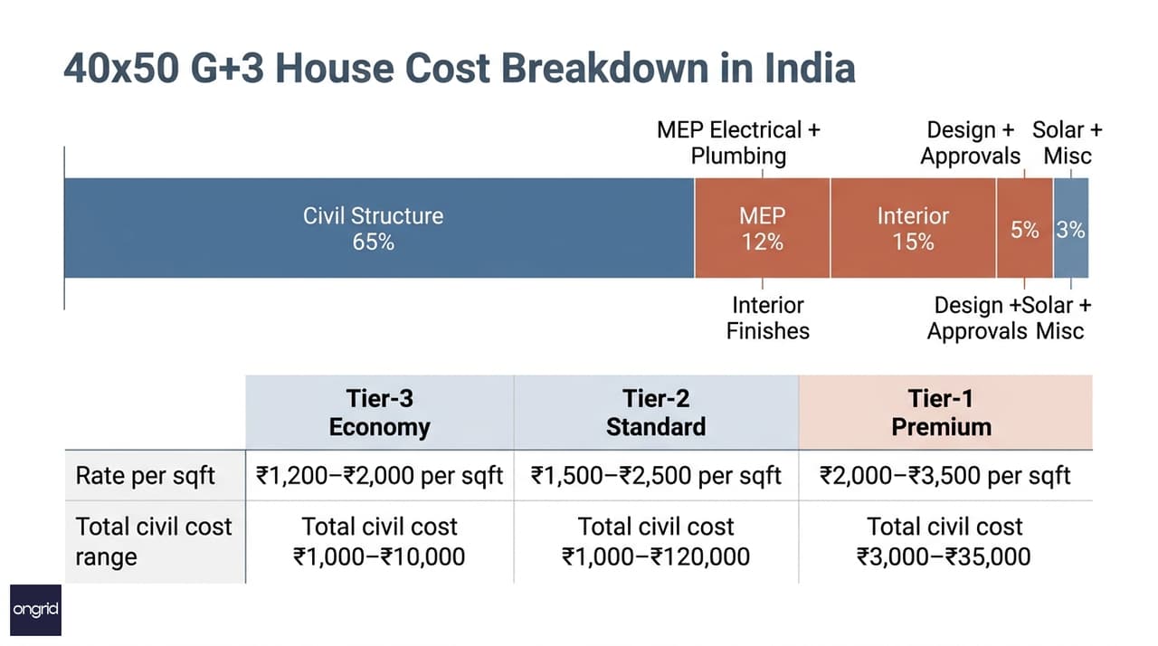 Construction cost breakdown chart for a 40x50 G+3 house showing civil structure, MEP, finishes, design fees, and solar as proportional cost segments