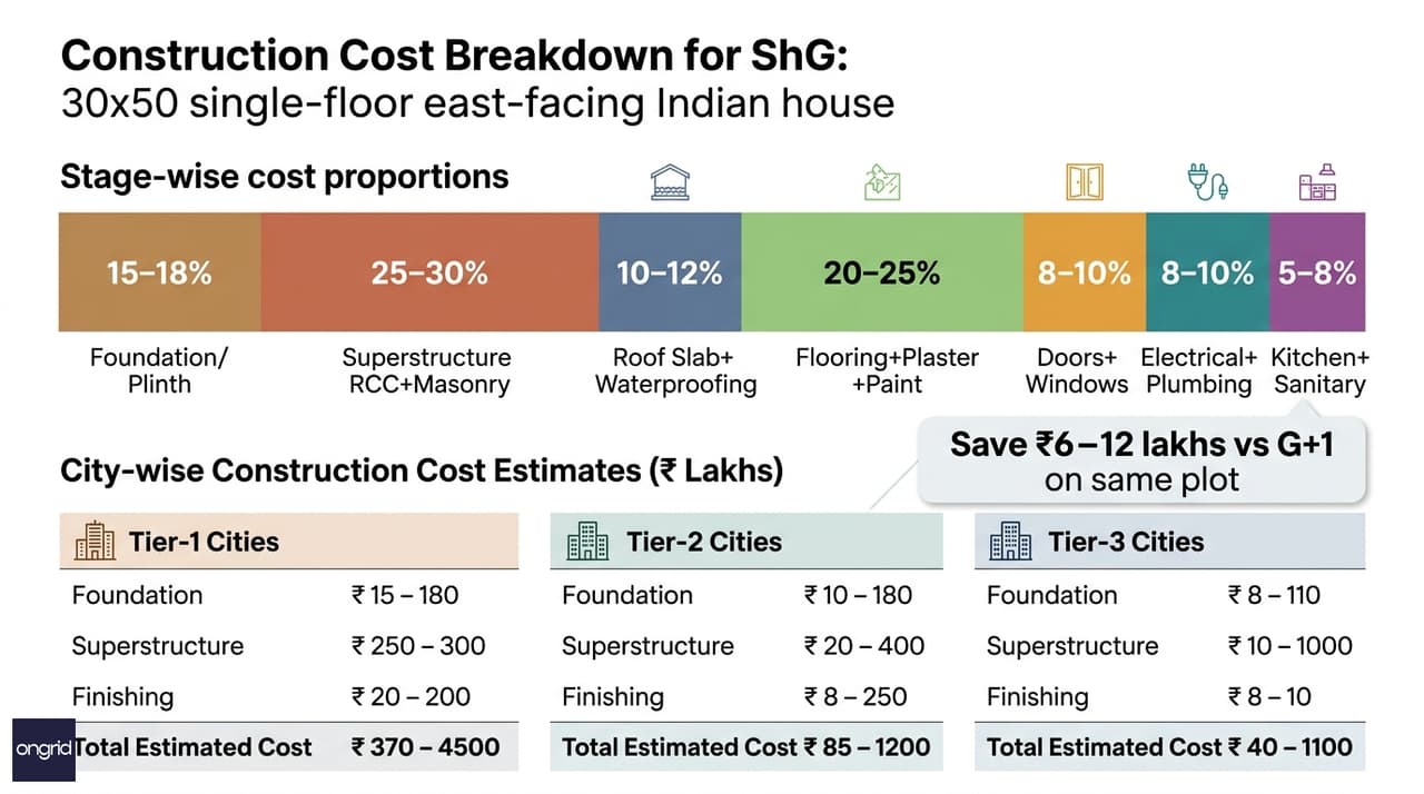 Stage-wise construction cost breakdown chart for 30x50 single floor east facing home showing proportion of foundation, superstructure, roofing, finishes, and services