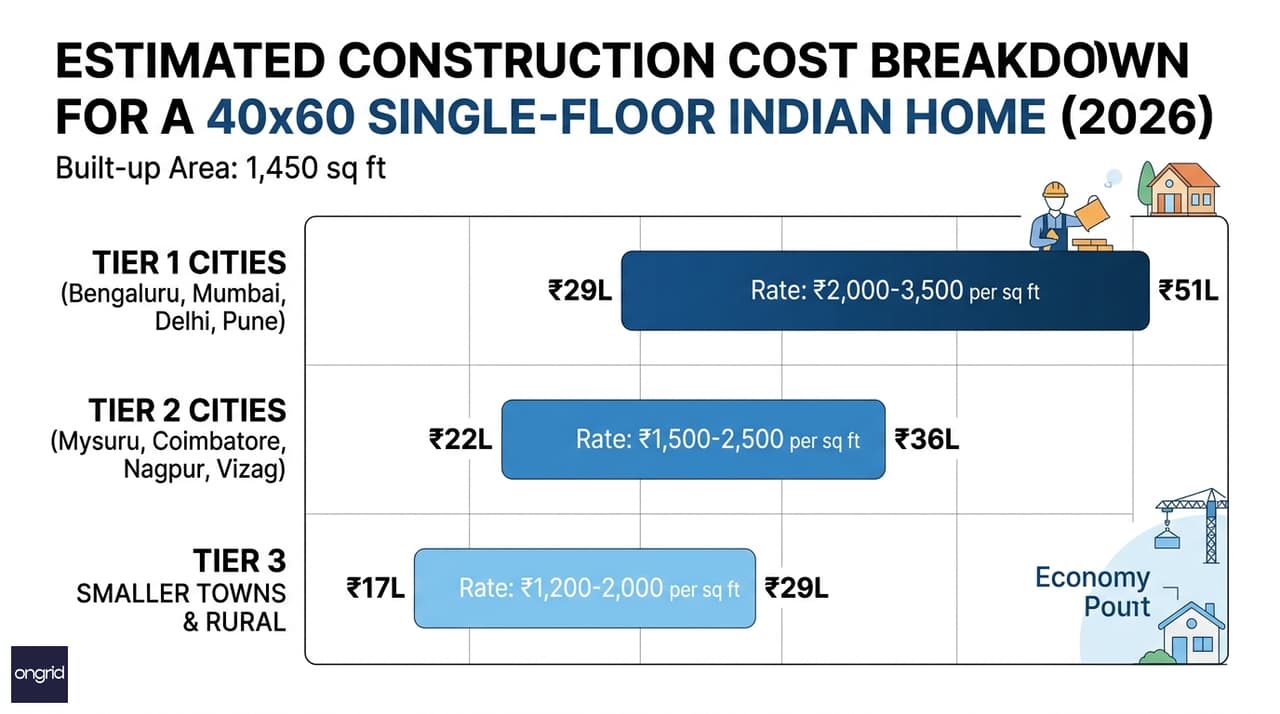 Cost breakdown infographic for 40x60 single floor house construction across Tier 1, 2, and 3 Indian cities