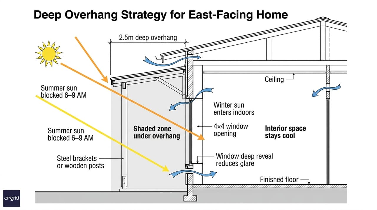 Detailed cross-section showing deep overhang design with summer and winter sun angles labeled