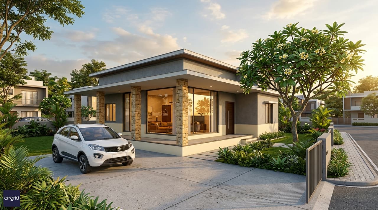 3D render of modern west-facing single floor bungalow with stone veranda columns, flat roof, and warm evening light
