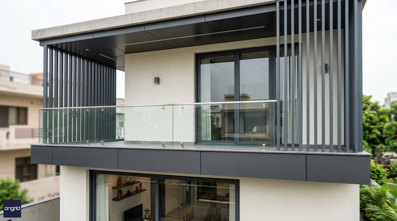 Close-up of 40x60 north facing G+1 facade design — cantilevered balcony, vertical fins, cladding panel