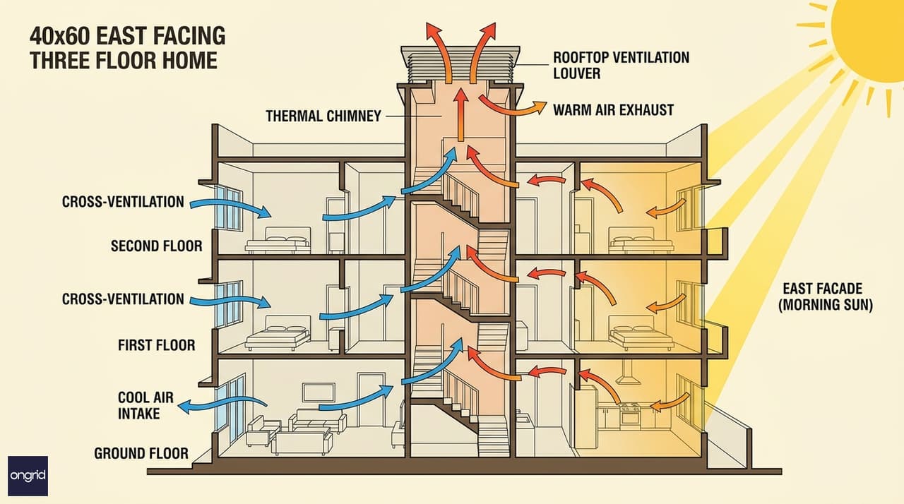 Cross-section diagram of 40x60 east-facing G+2 home showing thermal chimney stack effect and cross-ventilation airflow paths