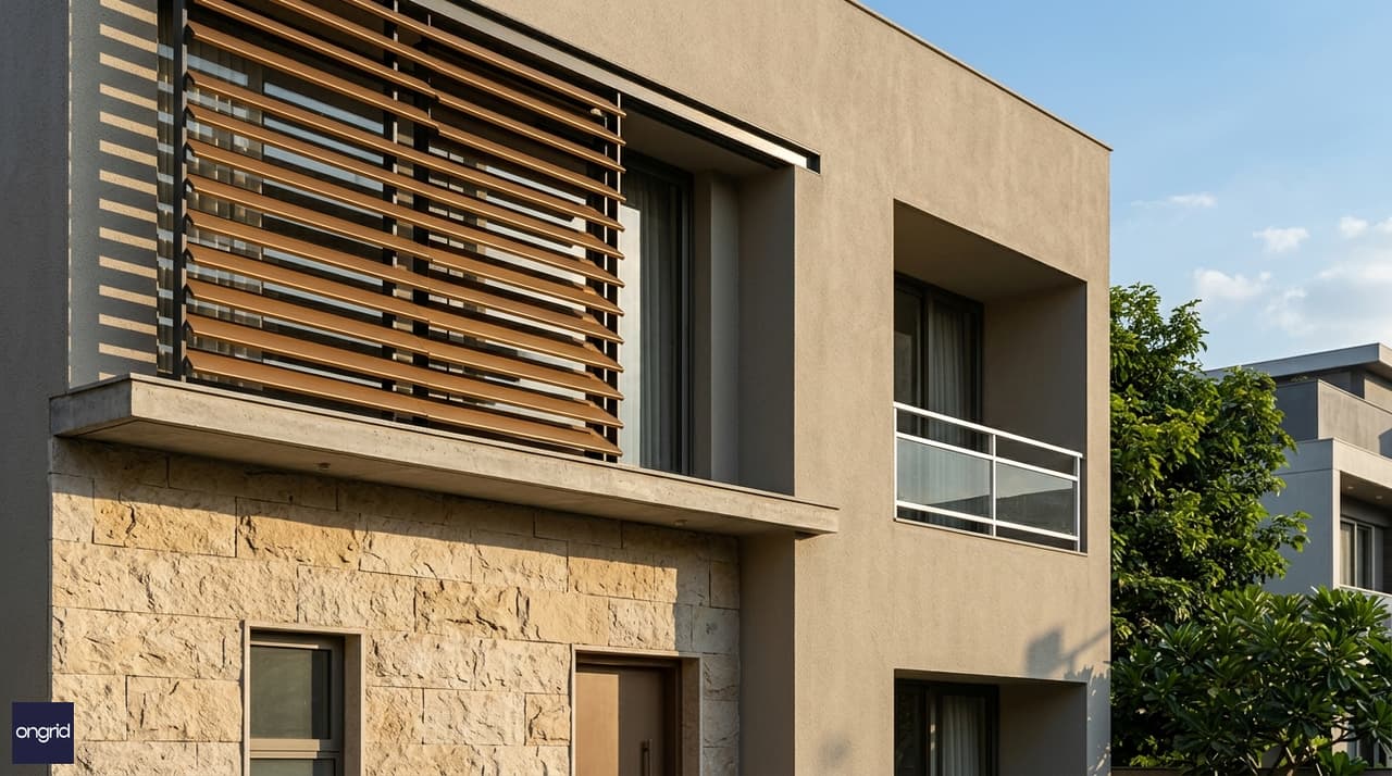 Close-up 3D render of 40x60 G+2 west facade showing horizontal aluminium louvres, stone cladding lower half, and recessed west windows