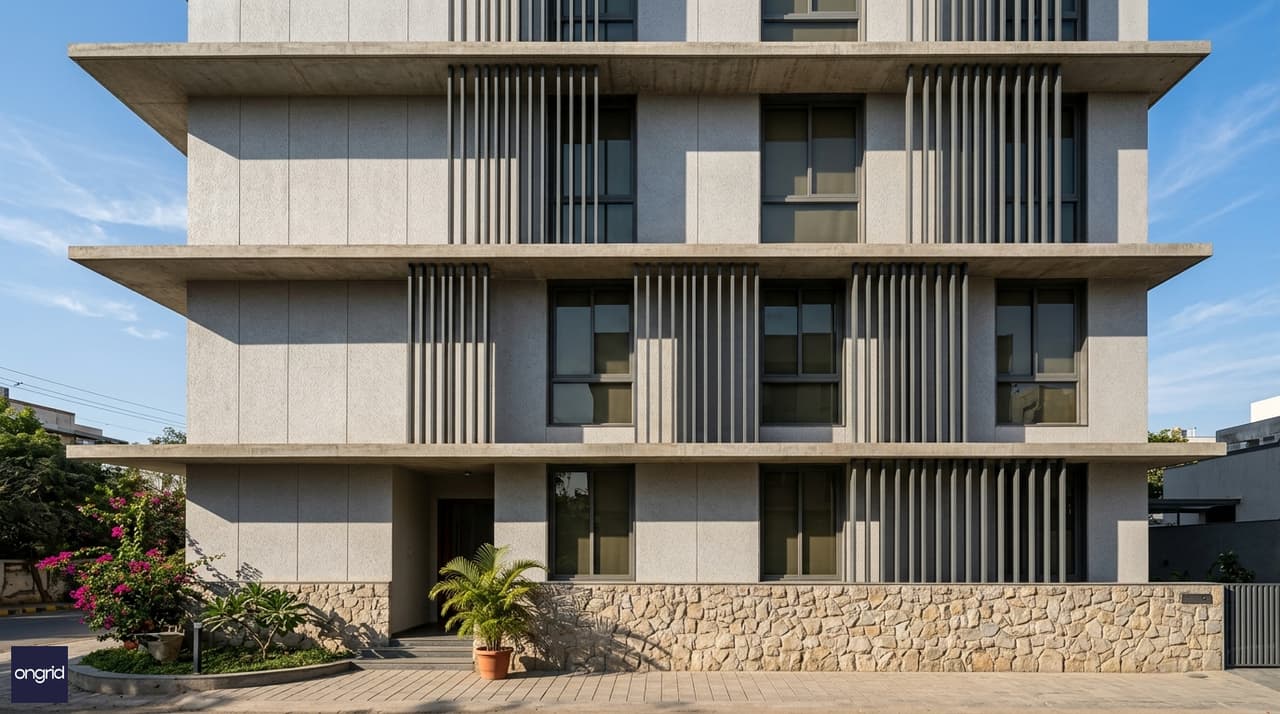 3D design highlight of a 40x60 west-facing G+3 home showing slab overhangs, vertical aluminum fins, double-glazed windows, and mixed cladding