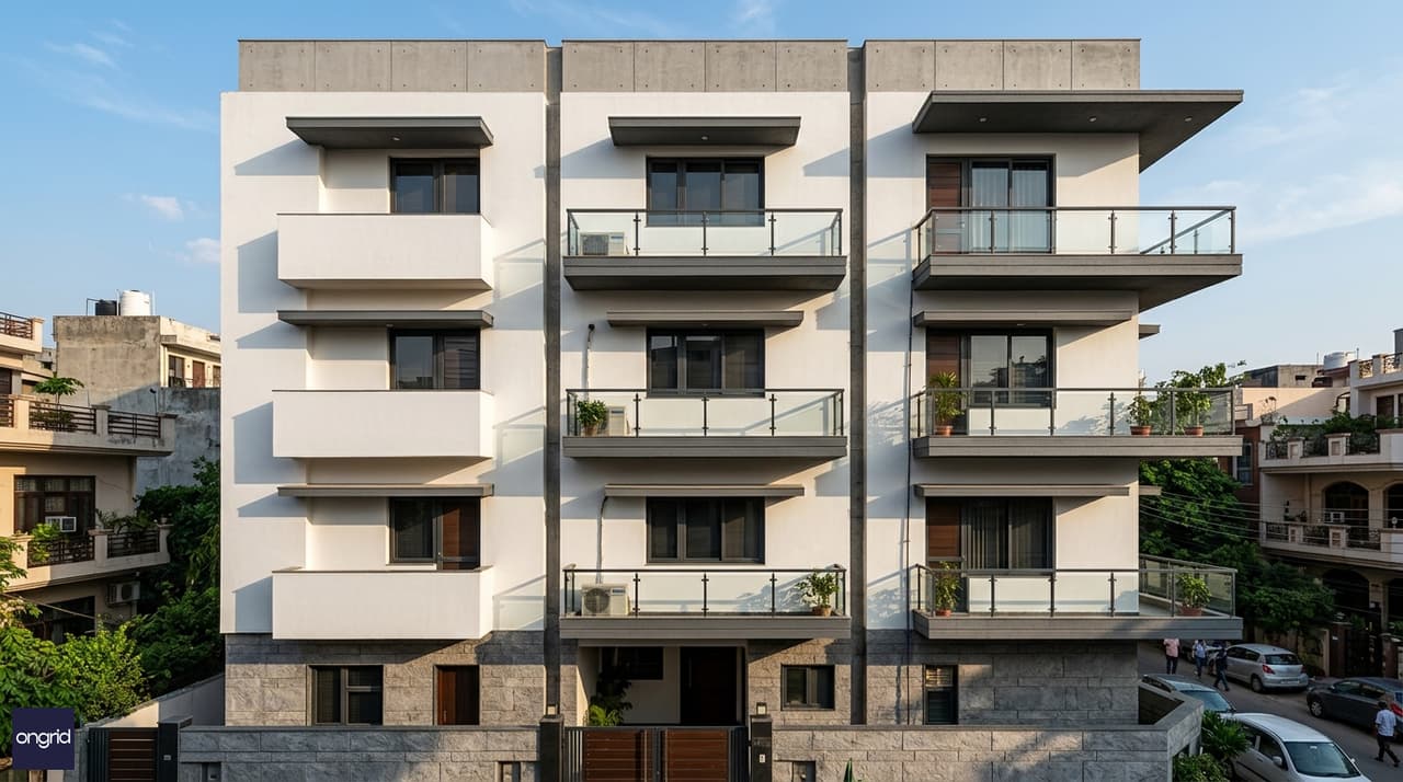 3D elevation render of the 40x60 north facing 4-floor home — contemporary facade with alternating solid and glazed bays, stone cladding base, white upper floors, staggered balcony projections