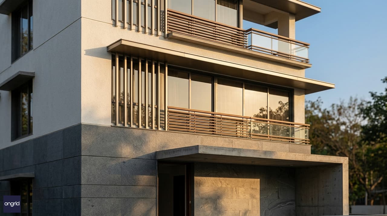 3D elevation design highlight for a 40x60 south facing G+2 with horizontal sunshade fins, south balconies, and a double-height entrance