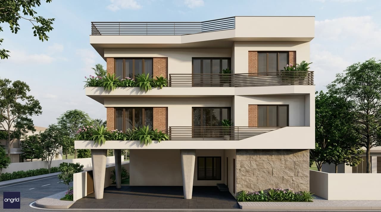 3D elevation render of 40x60 south facing 4-floor home with tiered balconies, stone cladding, and contemporary facade details