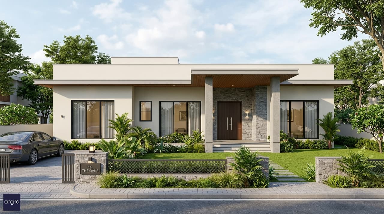 Modern flat-roof 3D elevation render for a north-facing 60x60 single-story bungalow