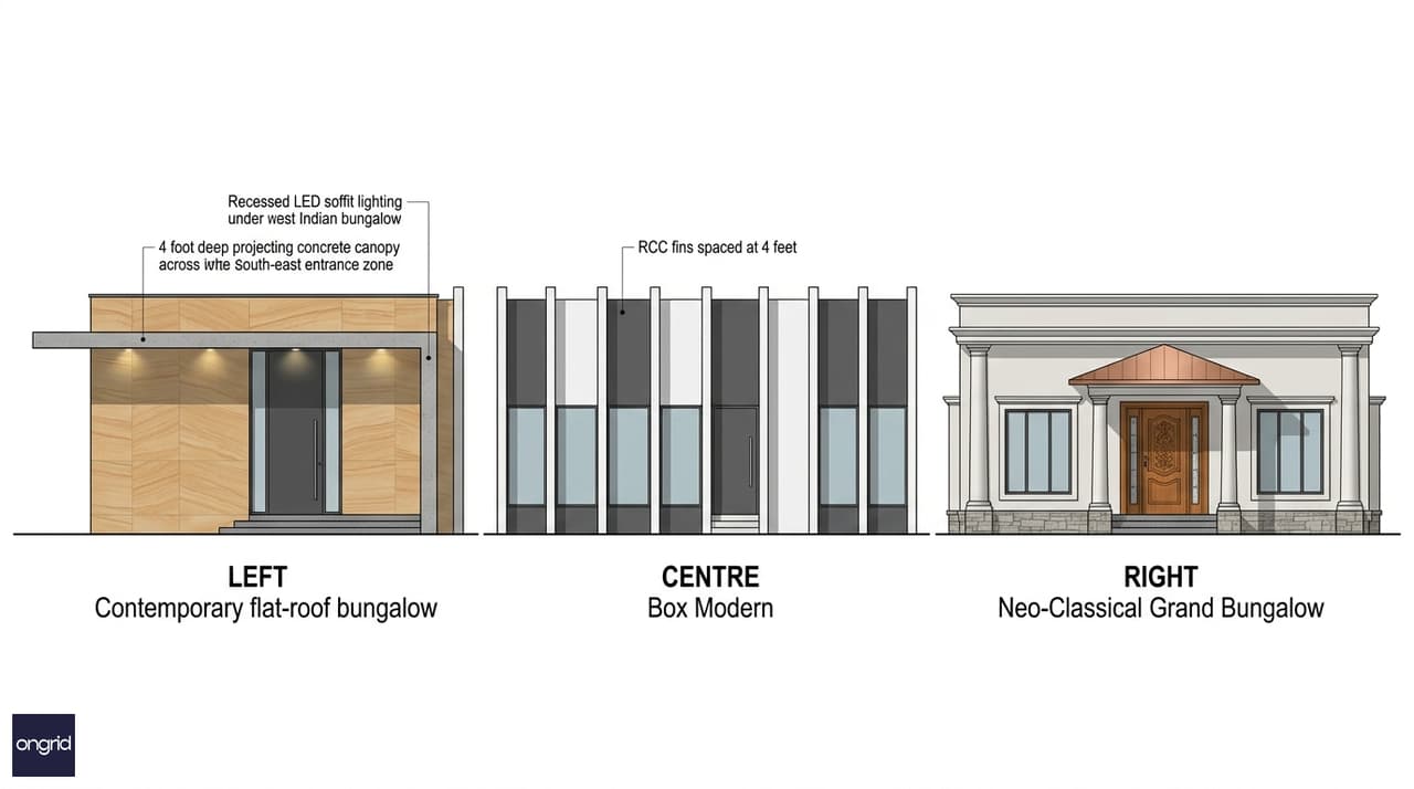 Comparison of three south-facing 60x60 single-floor elevation styles: grand flat-roof with projecting canopy, box modern with vertical fins, and neo-classical columned bungalow facade