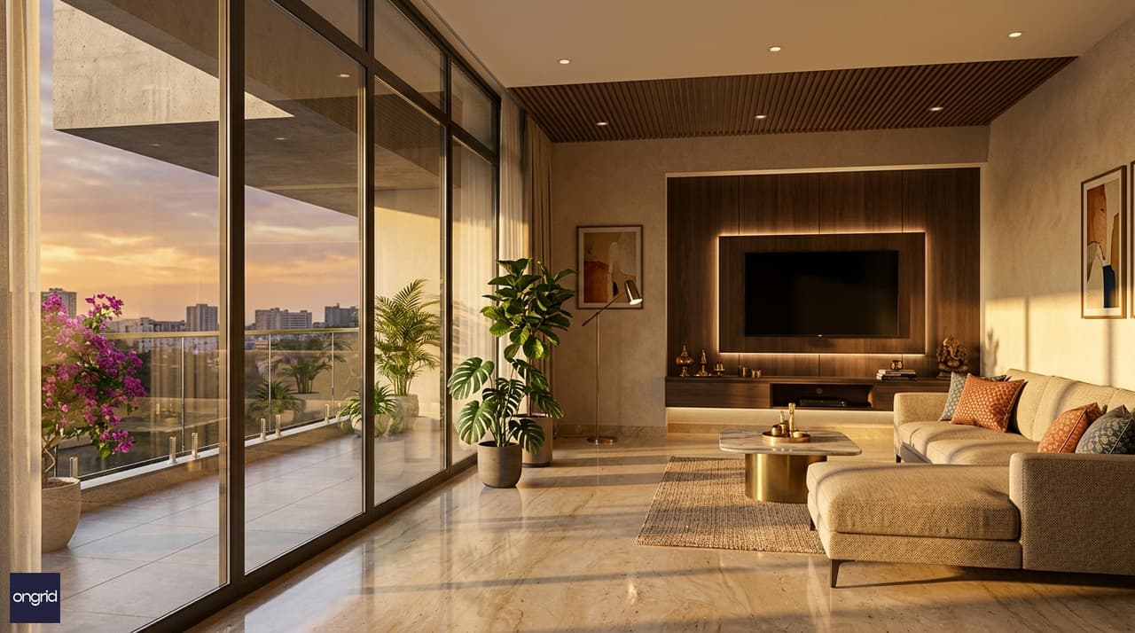 West-facing living room design showing a 6-ft chajja overhang controlling afternoon sun while admitting golden hour evening light