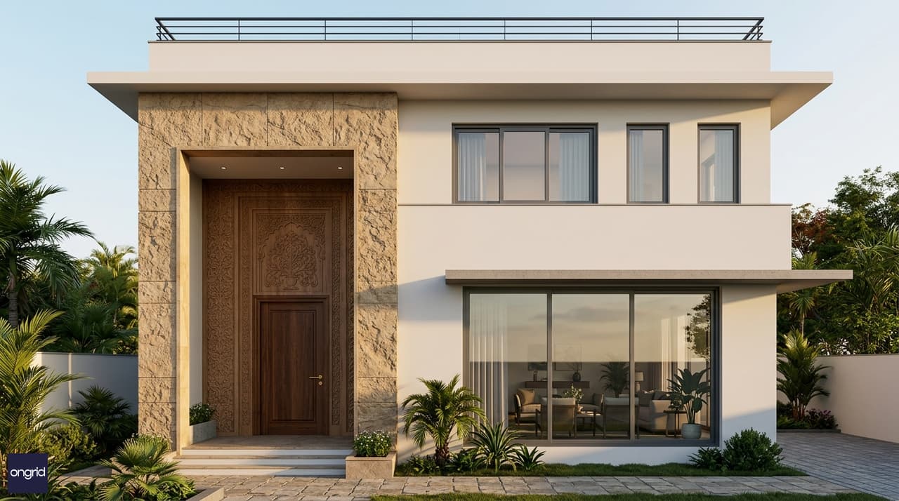 3D design highlight of a 60x60 east facing G+1 home showing large picture windows, stone-textured accent panels on the entrance bay, horizontal sunshade chajjas, and a well-lit double-height porch