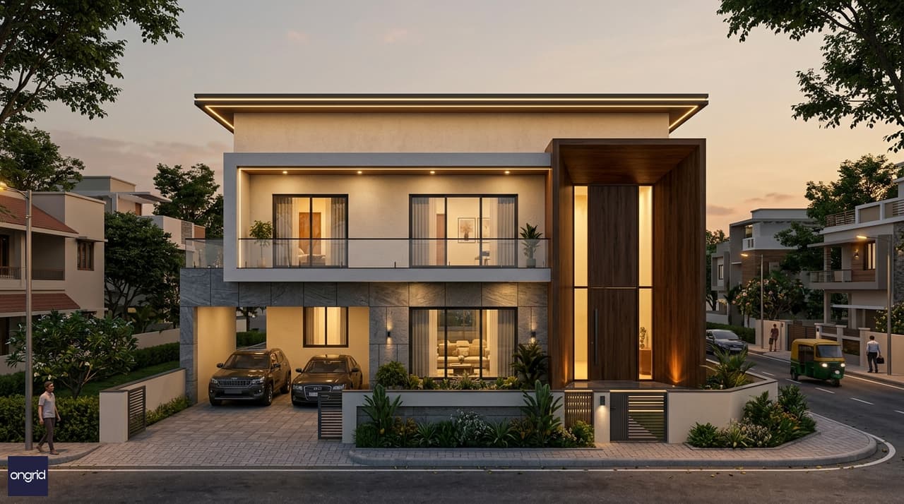 3D elevation render of a contemporary 60x60 north-facing G+1 with wide first-floor balcony, double-height entry, and stone cladding