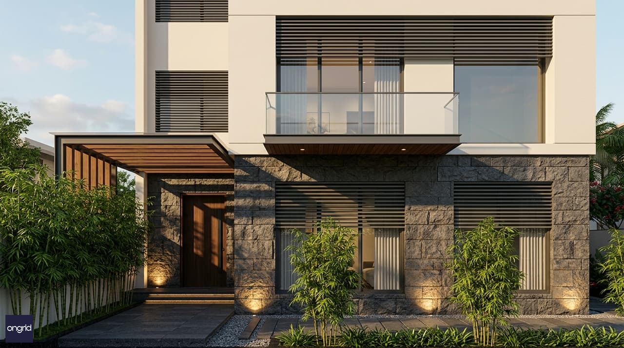 Close-up 3D render of a contemporary 60x60 west-facing G+1 facade showing horizontal louvres, rough-stone ground floor cladding, glass balcony railing, and a timber pergola entrance canopy