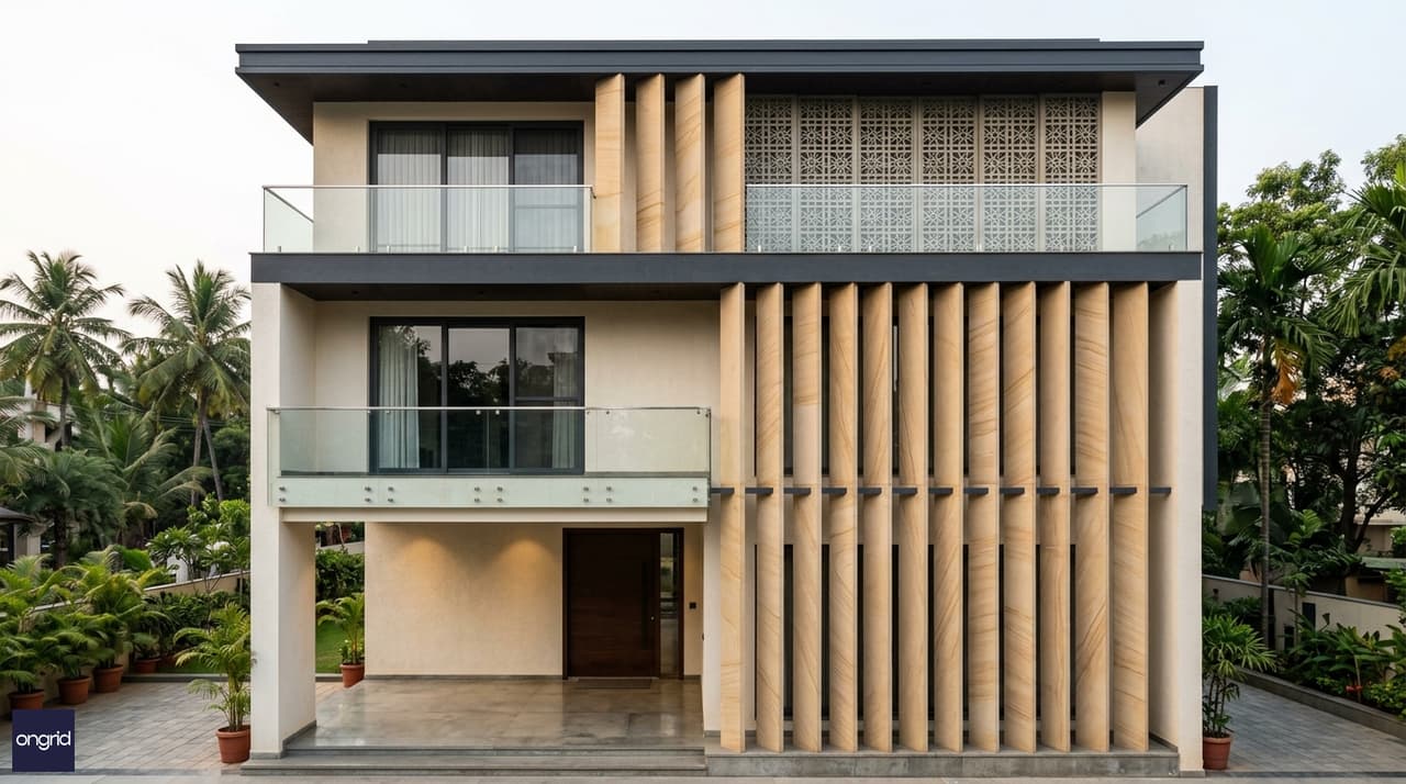 Design highlight — contemporary north-facing 60x60 G+2 elevation with vertical stone fins, frameless glass balcony, and double-height entrance