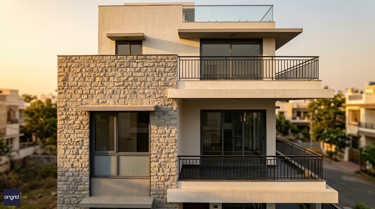 Design highlight — 60x60 west facing 3-floor home with deep balconies and textured stone facade