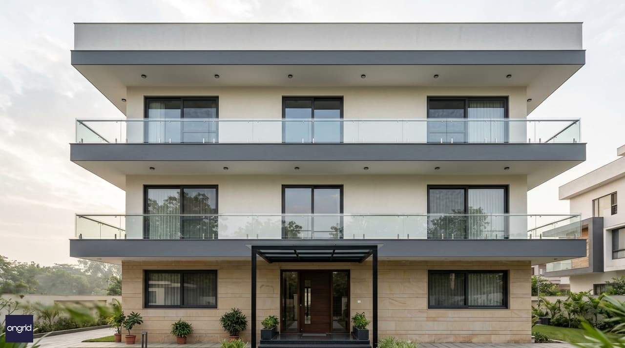 Design highlight of 60x60 north facing 4-floor modern home elevation with horizontal banding and balconies