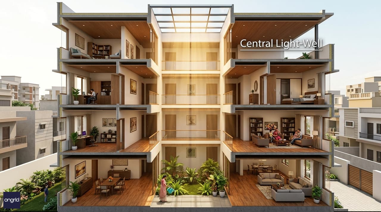 3D cutaway cross-section of the 60x60 south-facing G+3 home showing the central 10x10 ft atrium with glass skylight, south light penetrating all four floors, and warm interior ambience on each level