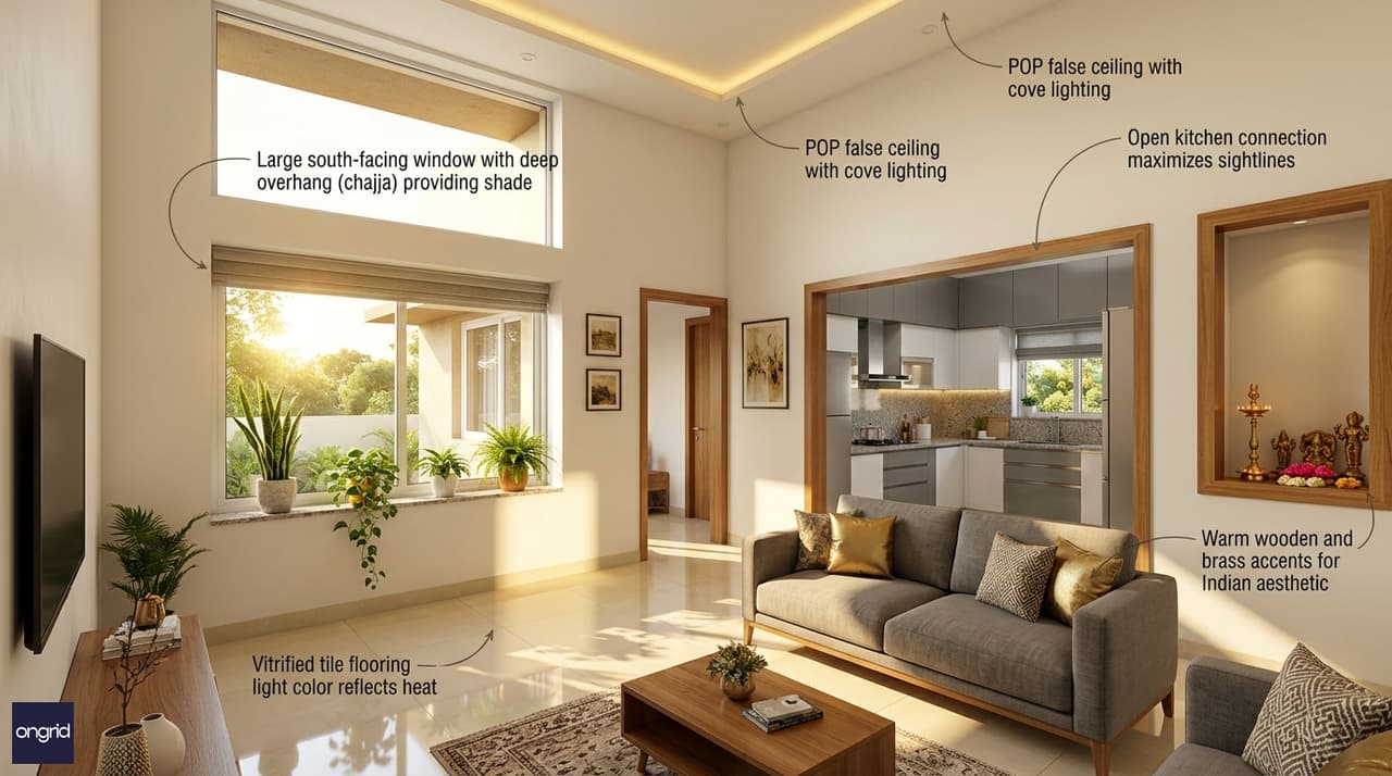 Interior design highlights of 20x40 South-facing home with annotated features