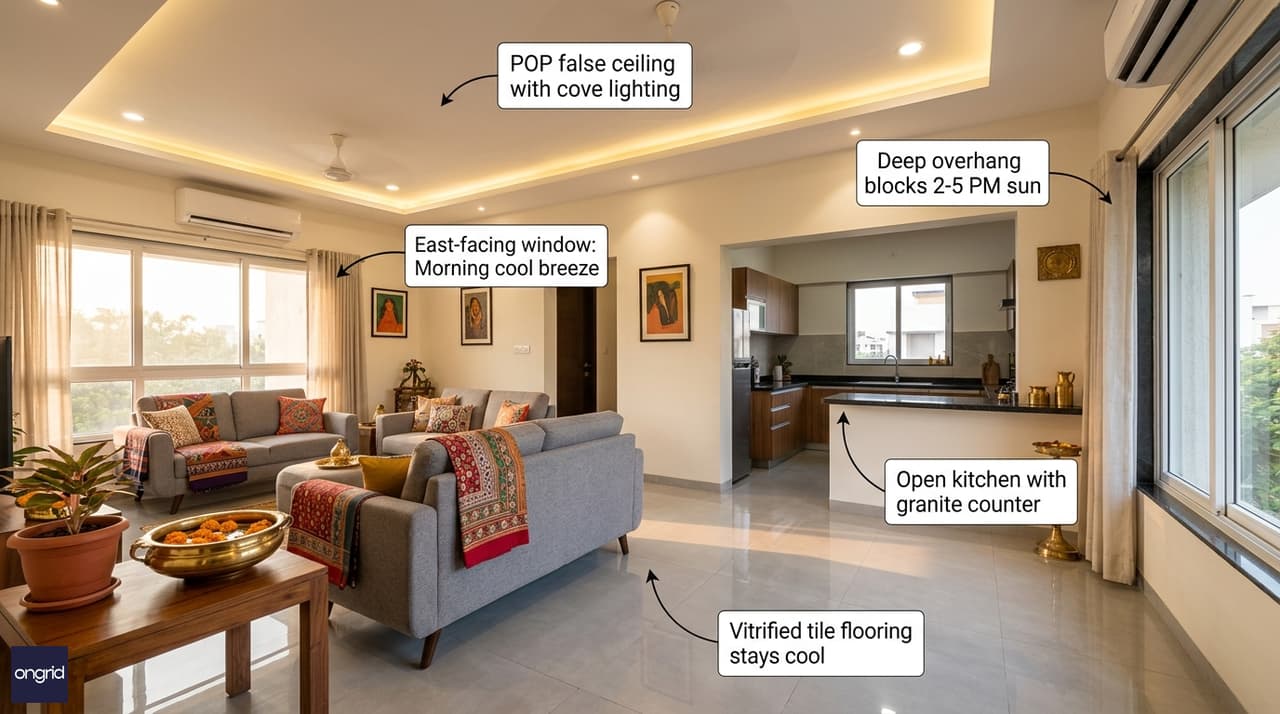 Annotated interior showing design features and heat mitigation elements