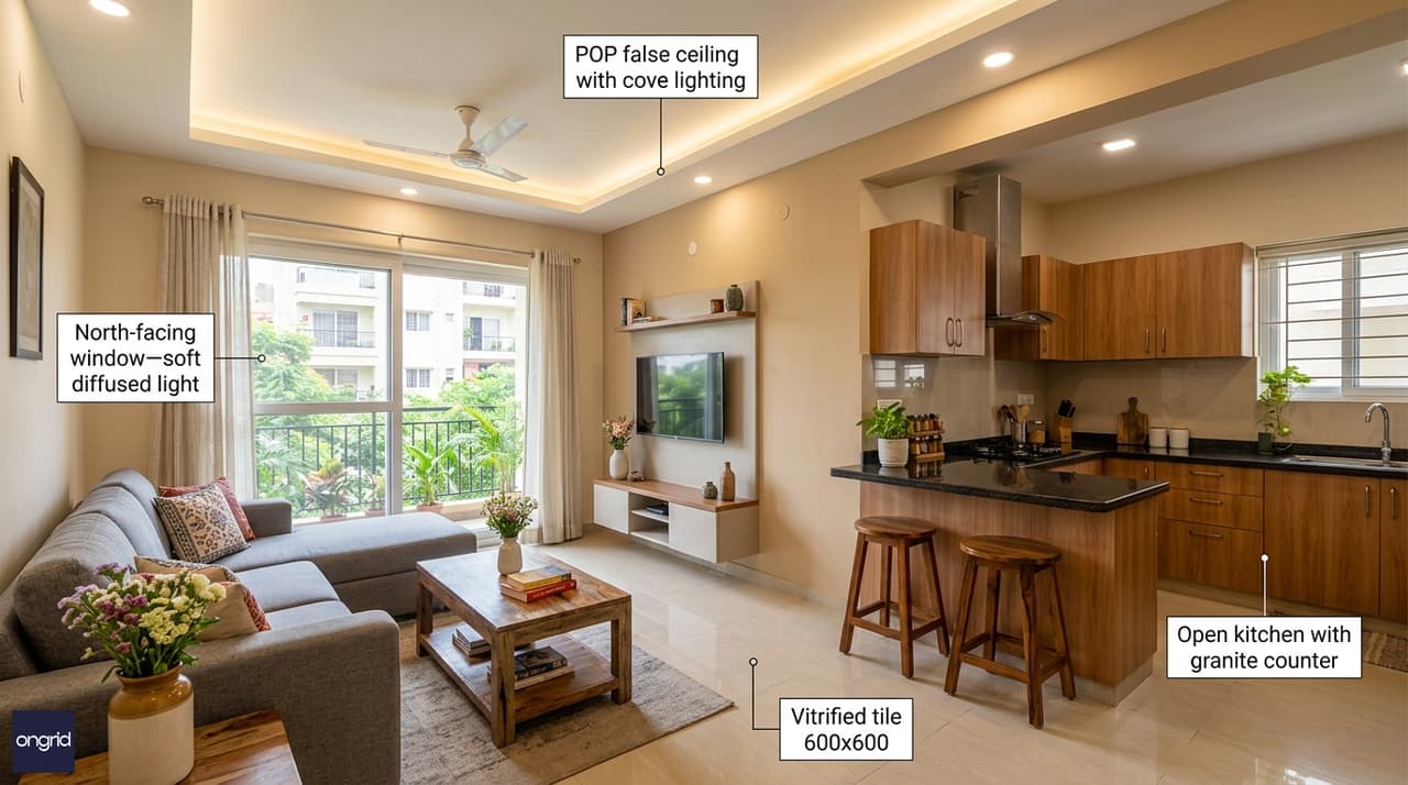 Interior view of open living room and kitchen with north-facing window and design annotations