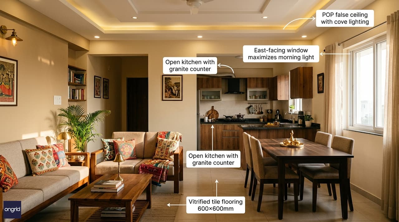 Interior design highlights of 20x40 South-facing home with annotated features
