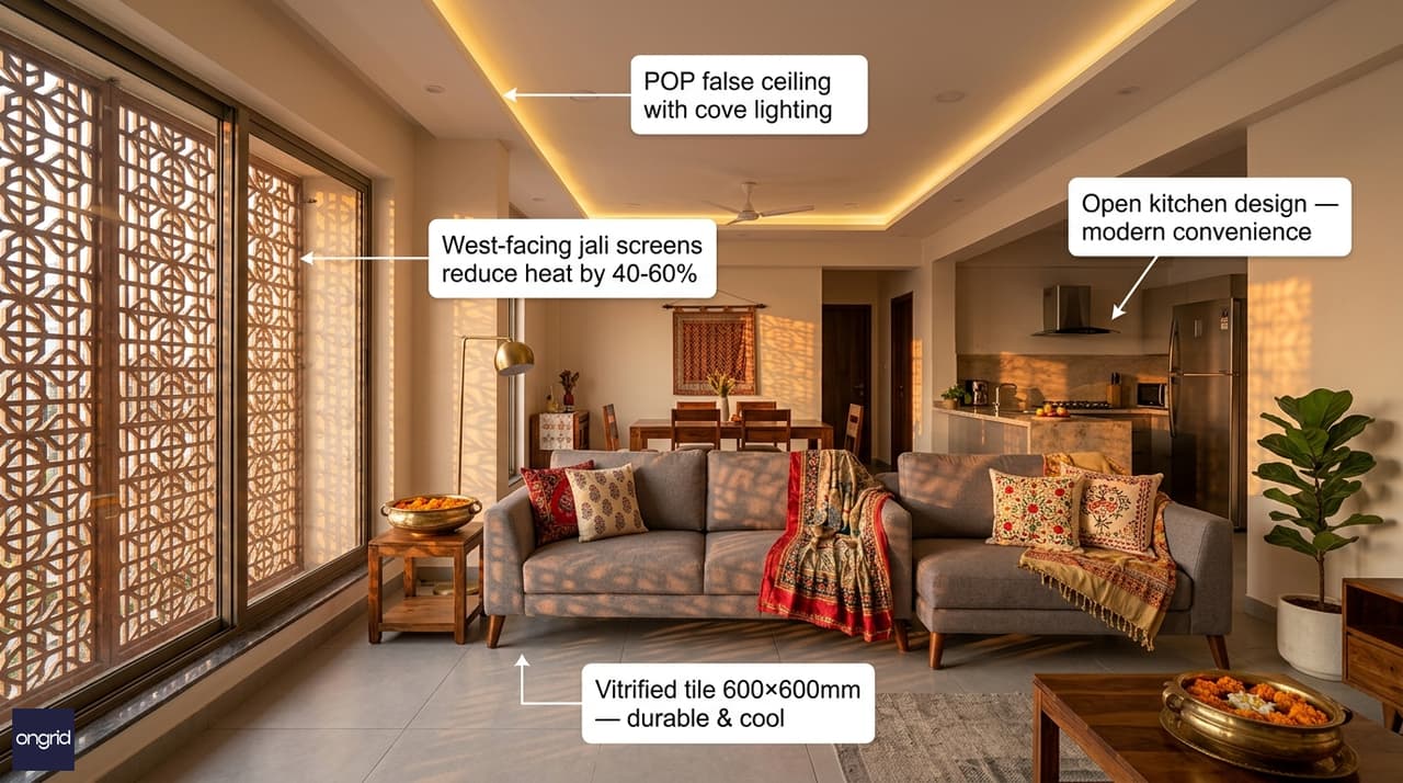West-facing living room interior with afternoon light, jali screens, and modern Indian design